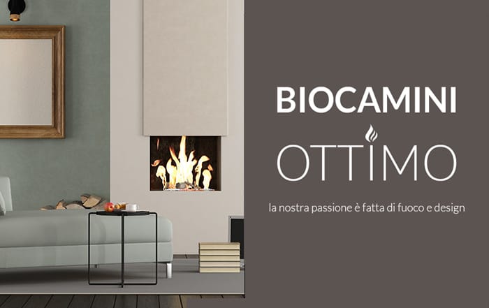 Biocamino incassato in una parete bianca accanto al logo Biocamini Ottimo